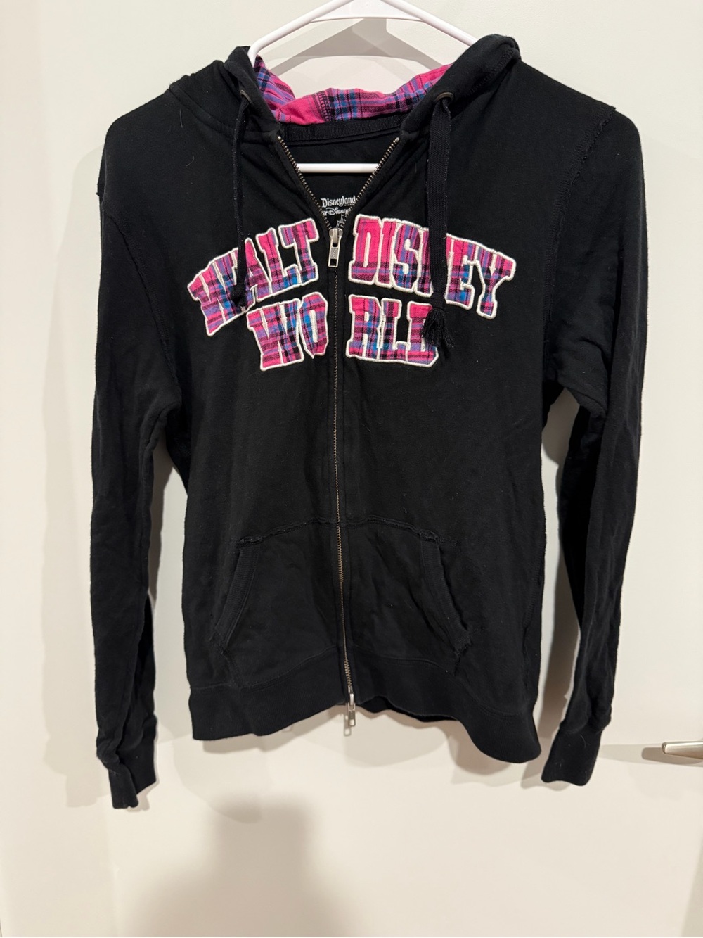 Disney Black Zip Front Hoodie with Pink Plaid Appliqué